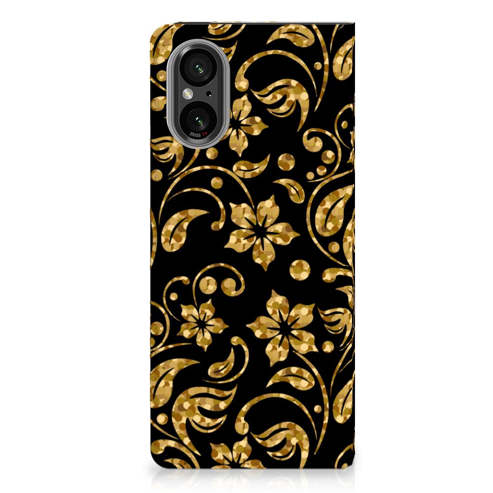 Sony Xperia 5 V Smart Cover Gouden Bloemen telefoonhoesje gouden bloemen design voorkant