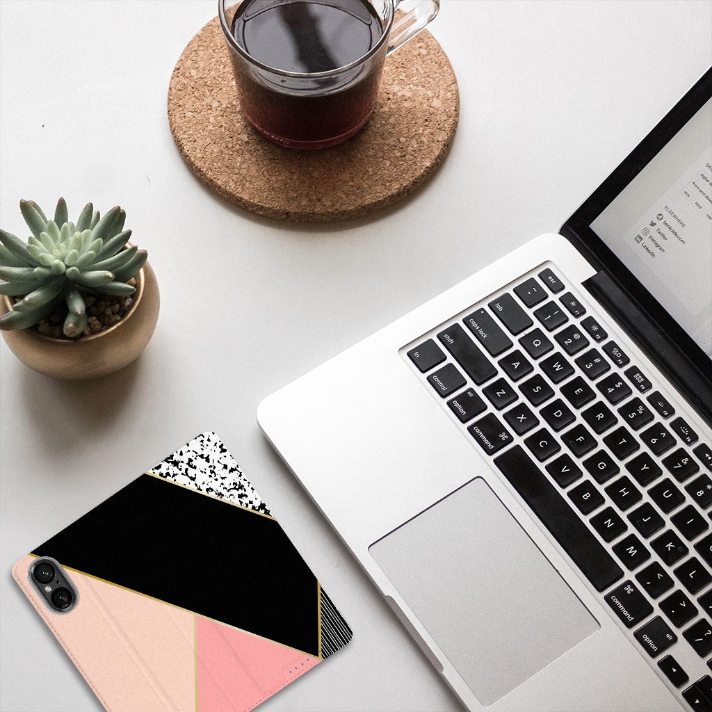 Sony Xperia 5 V Stand Case Zwart Roze Vormen design Black Pink Shapes aanzicht