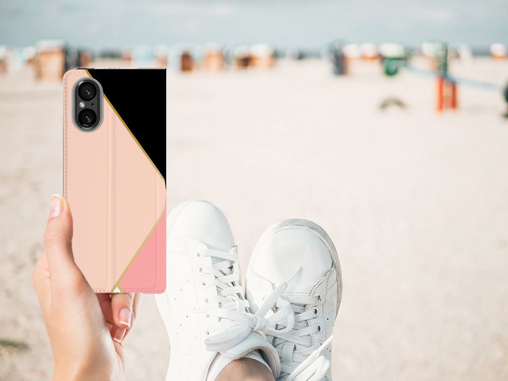 Sony Xperia 5 V Stand Case Zwart Roze Vormen ontwerp roze zwart strand