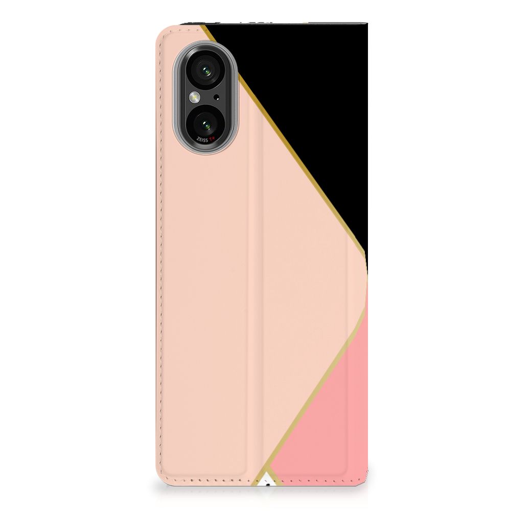 Sony Xperia 5 V Stand Case Zwart Roze Vormen design zwart roze vlakken aanzicht