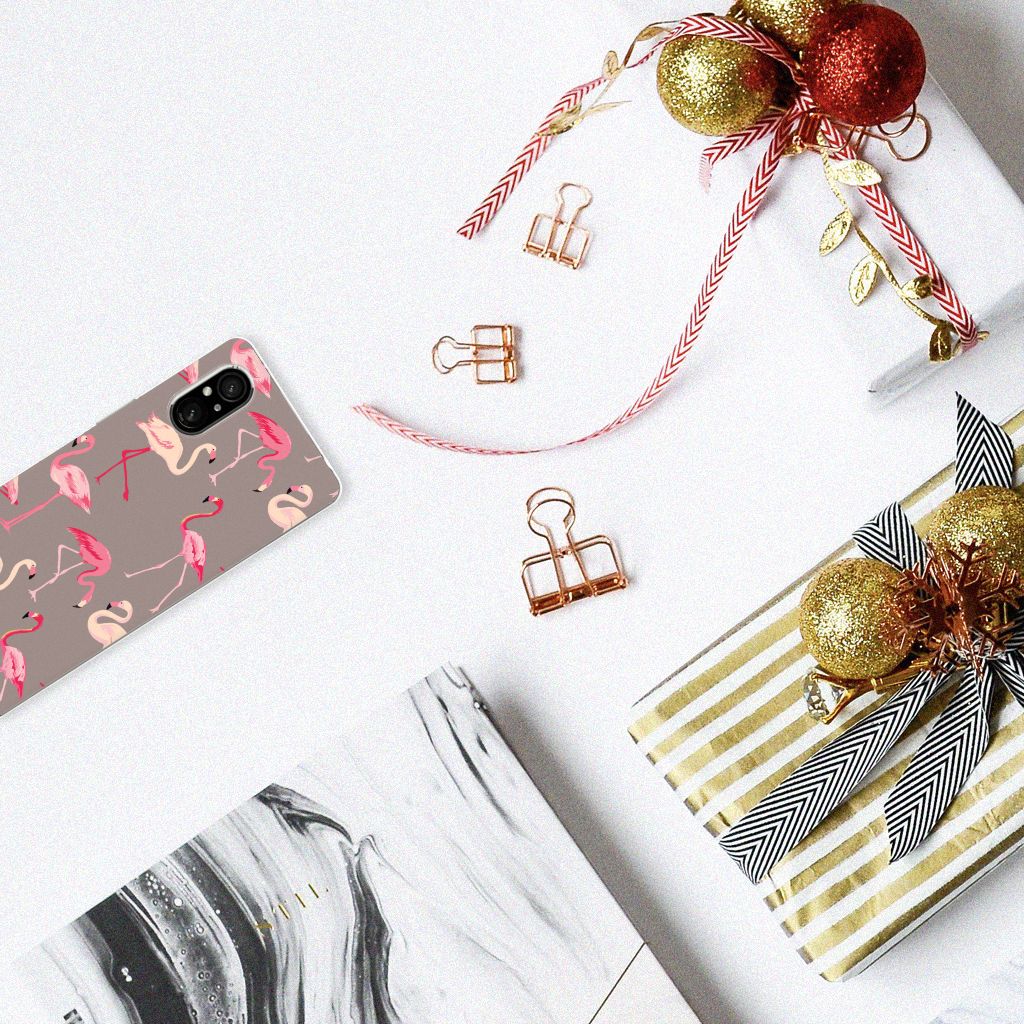 Sony Xperia 5 V TPU Hoesje Flamingo telefoon met flamingo design bovenaanzicht