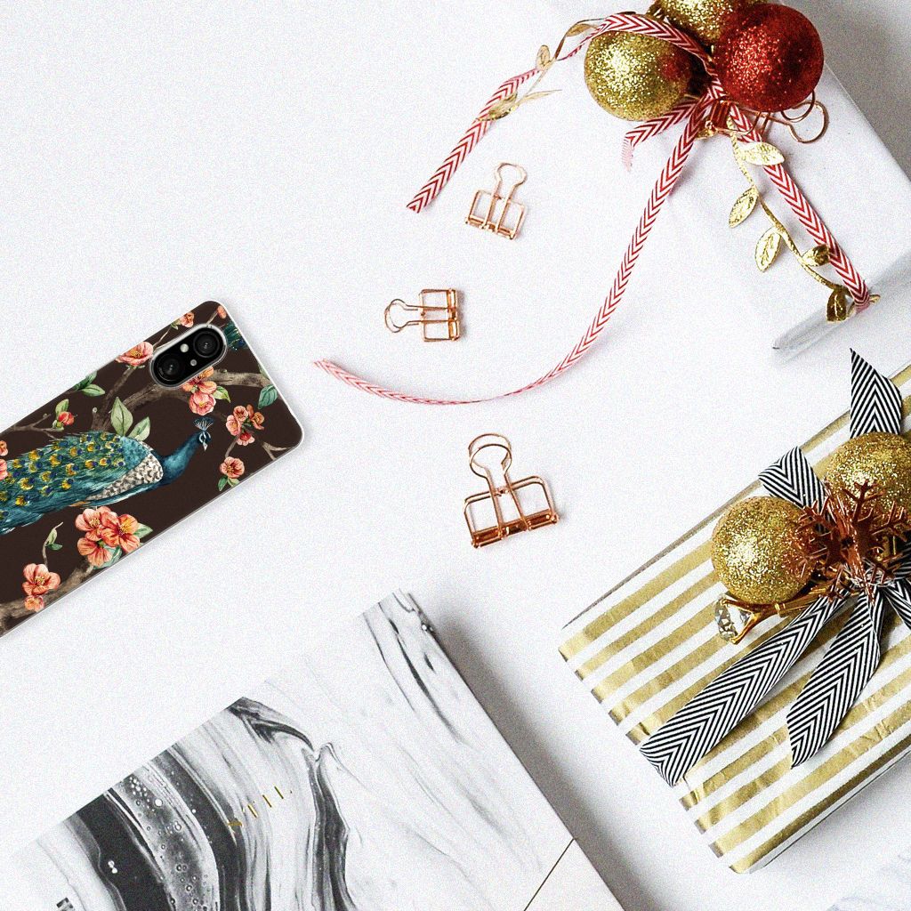 Sony Xperia 5 V TPU Hoesje Pauw met Bloemen smartphone hoesje bovenaanzicht