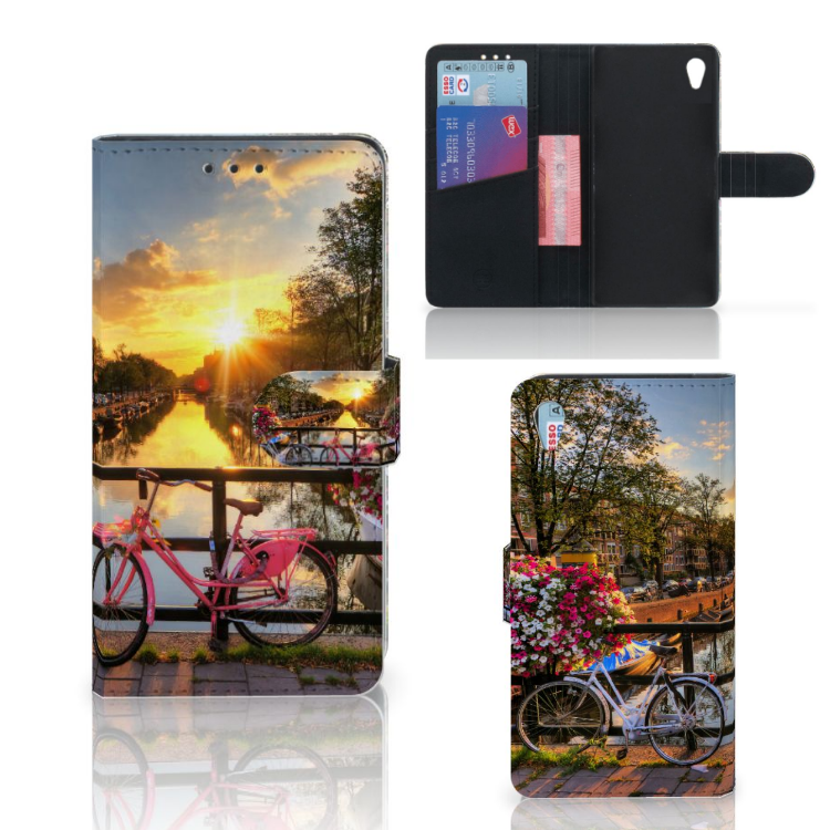 Sony Xperia Z3 Flip Cover Amsterdamse Grachten telefoonhoesje fiets zonsondergang aanzicht