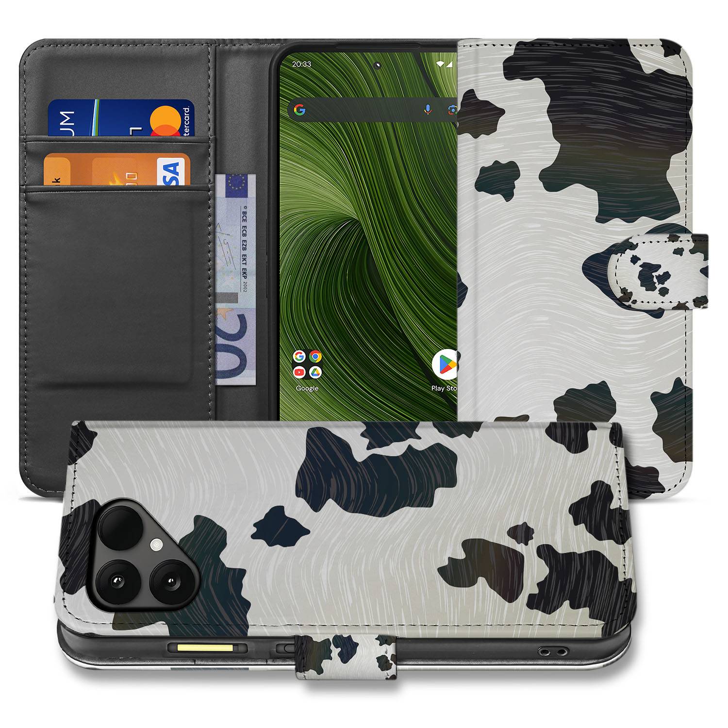 Fairphone 6 Speelse Koeienvlekken Ontwerp in Zwart Wit Book Case Portemonnee Hoesje vooraanzicht