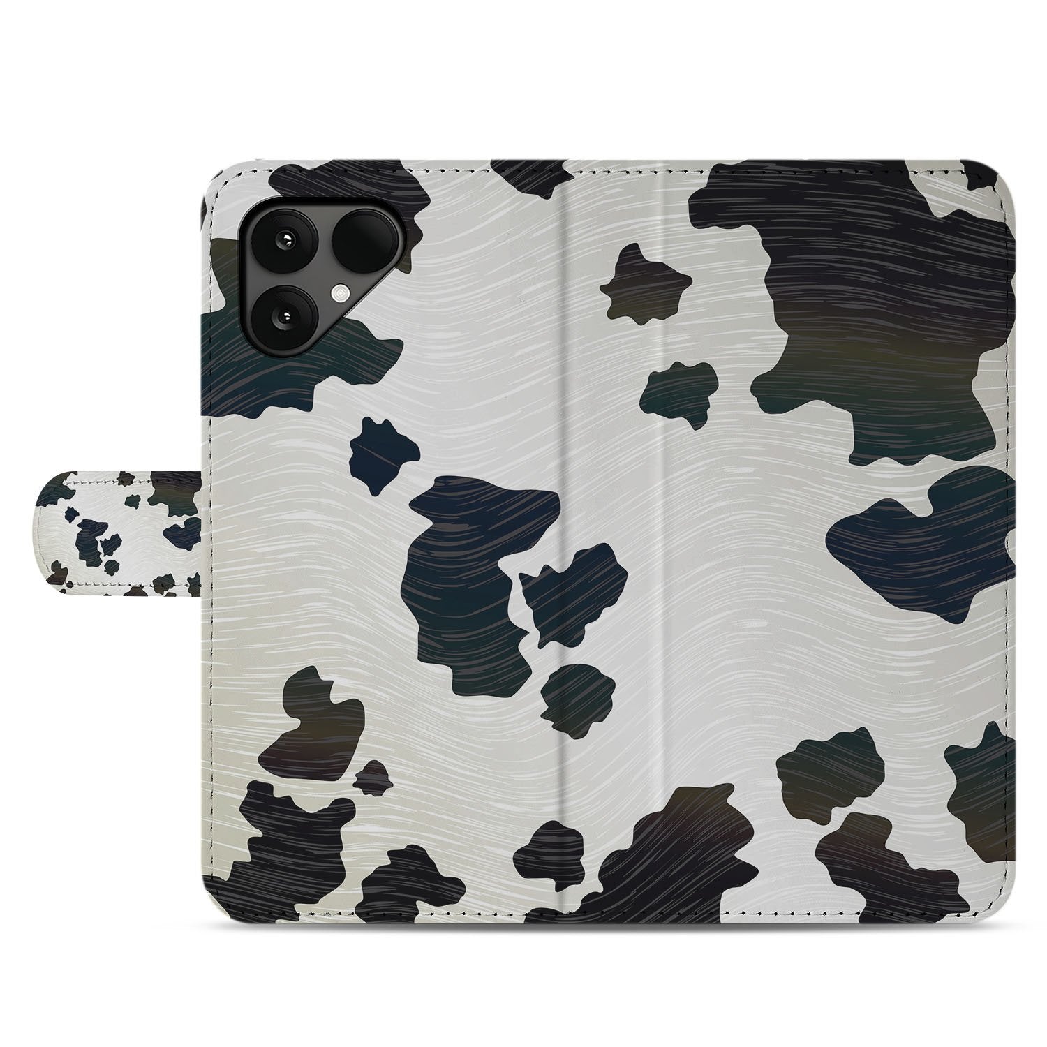 Fairphone 6 Speelse Koeienvlekken Ontwerp in Zwart Wit Book Case Portemonnee Hoesje vooraan