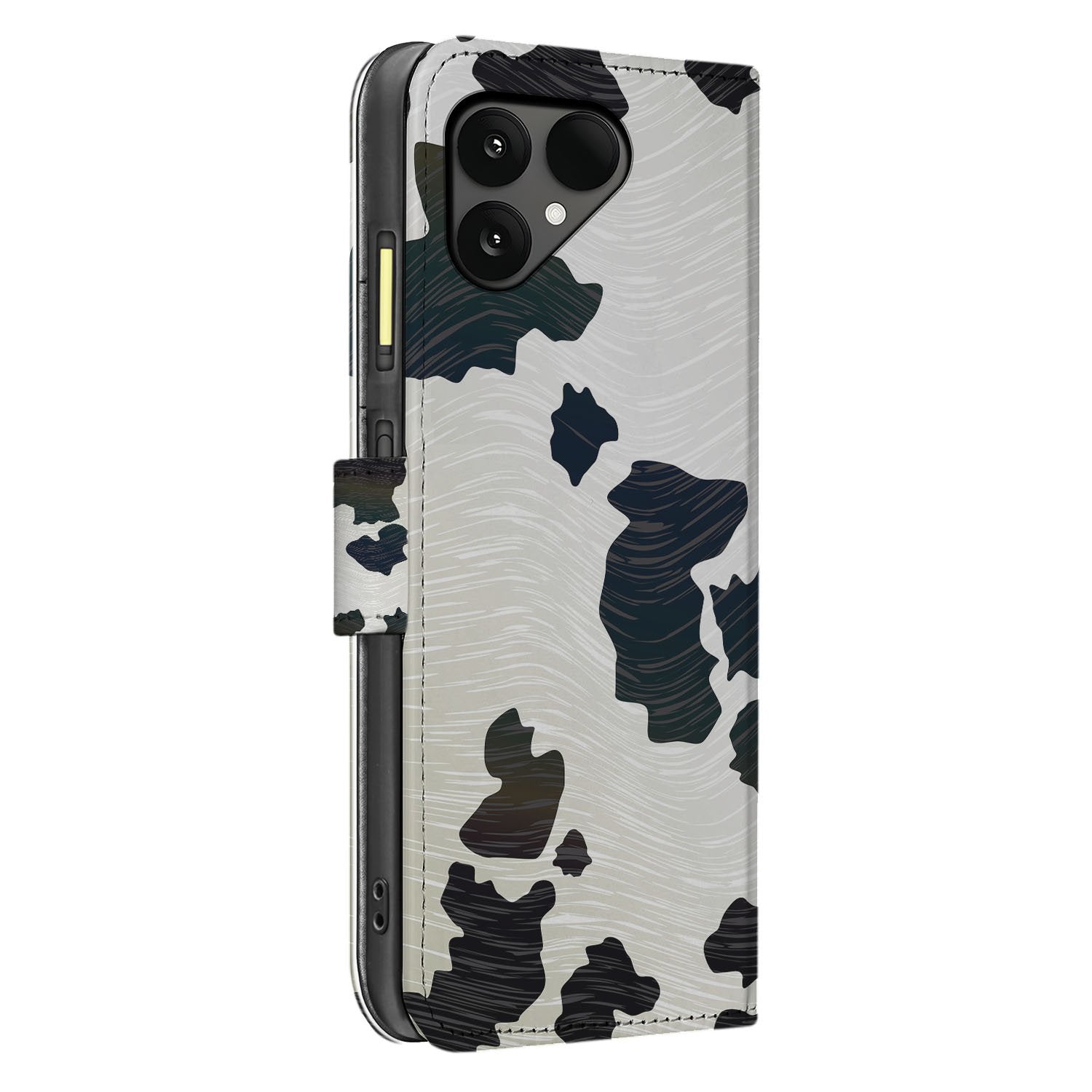 Fairphone 6 Speelse Koeienvlekken Ontwerp in Zwart Wit Book Case aanzicht