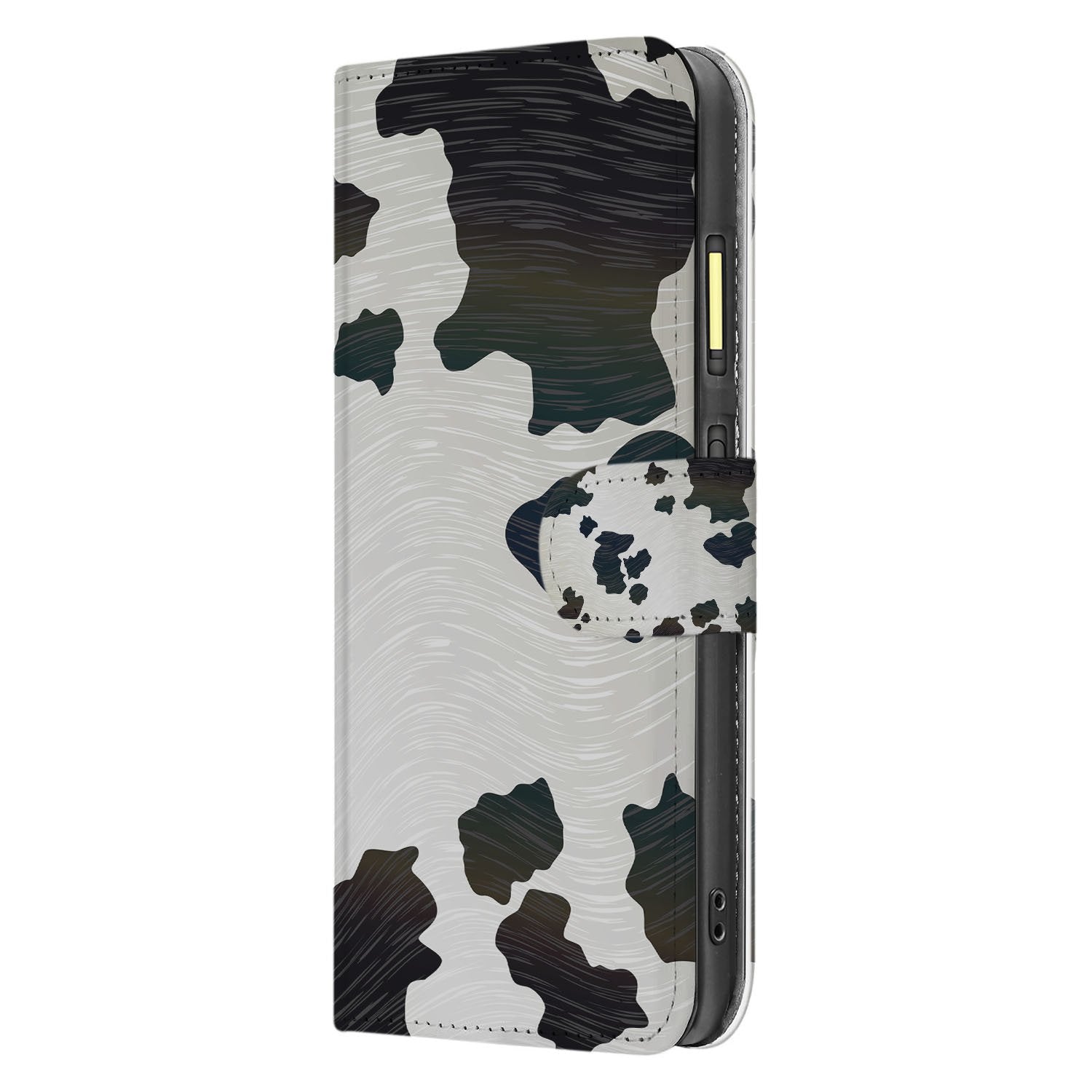 Fairphone 6 Speelse Koeienvlekken Ontwerp in Zwart Wit Book Case aanzicht