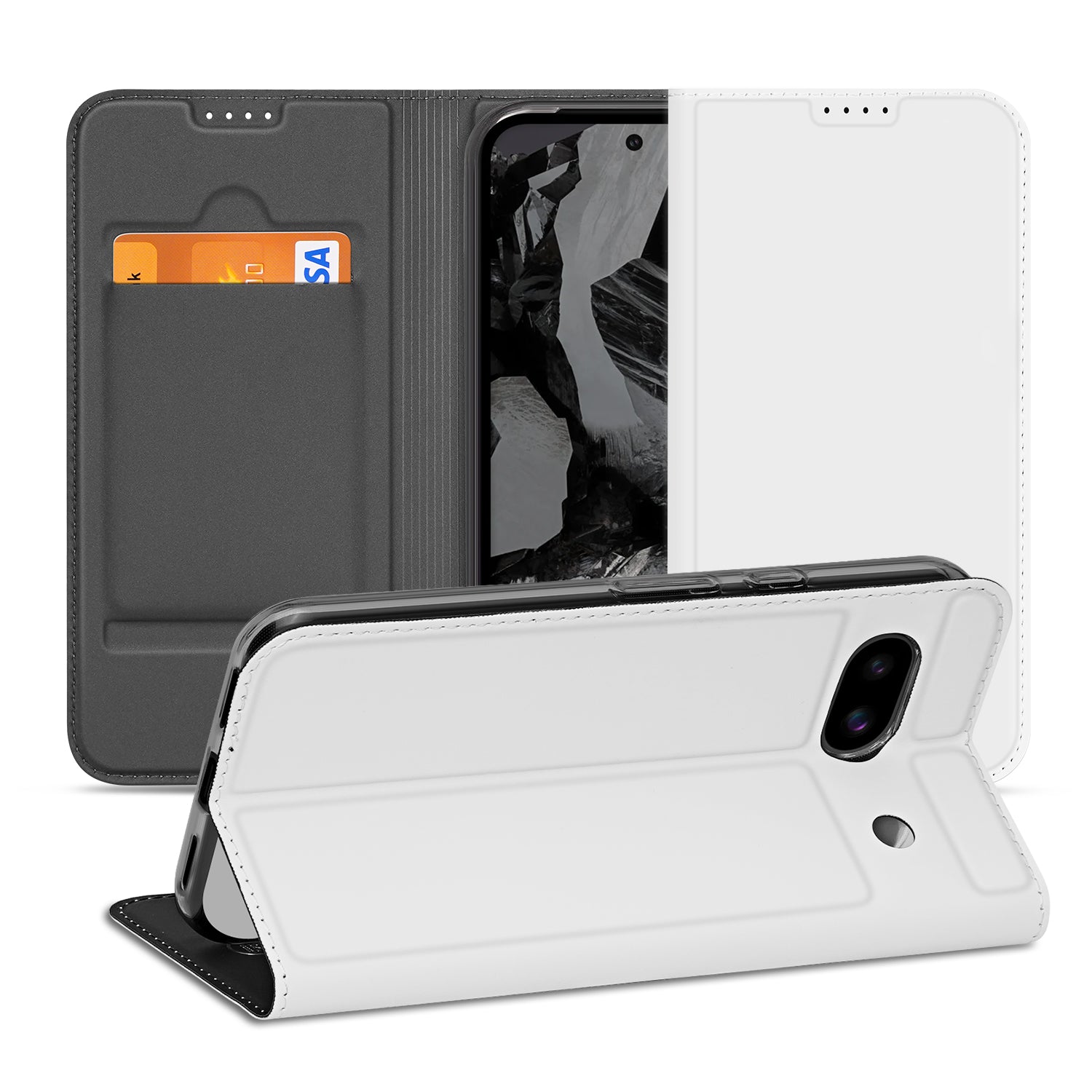 Google Pixel 8A Stand Case Hoesje Wit met Pashouder binnenkant aanzicht