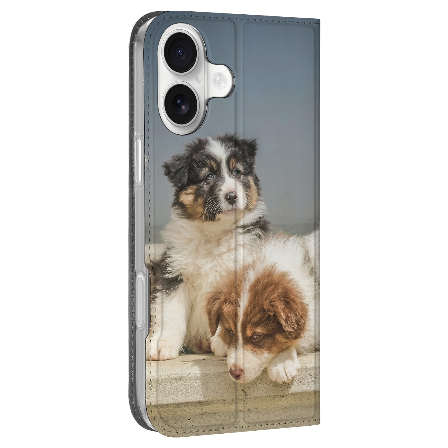 Apple iPhone 16 Stand Case Hoesje Maken honden vooraanzicht
