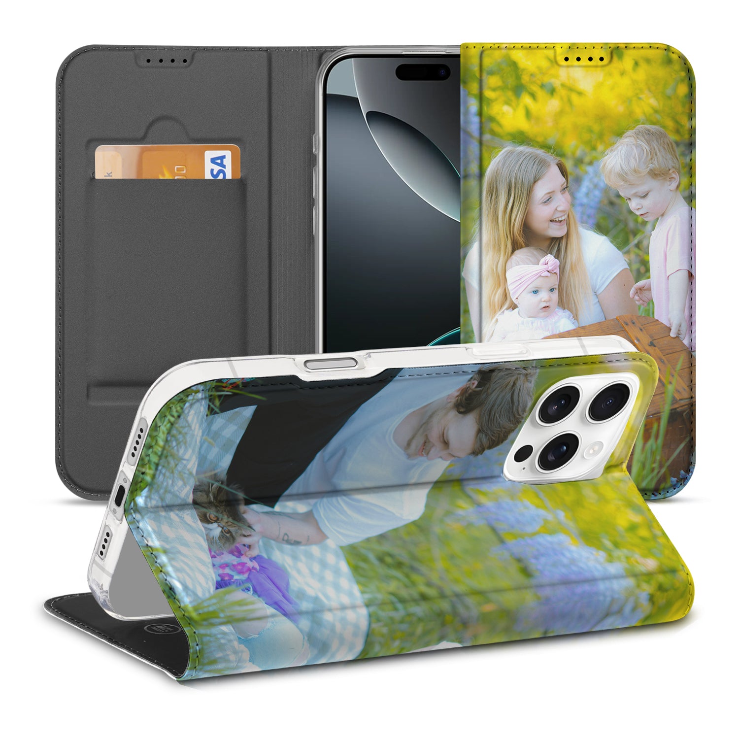 Apple iPhone 16 Pro Max Stand Case Hoesje Maken voorzijde met foto van gezin in natuur