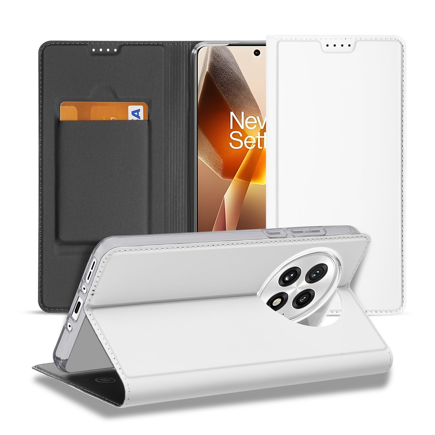 OnePlus 13 Stand Case Hoesje Wit Pashouder voorkant achterkant