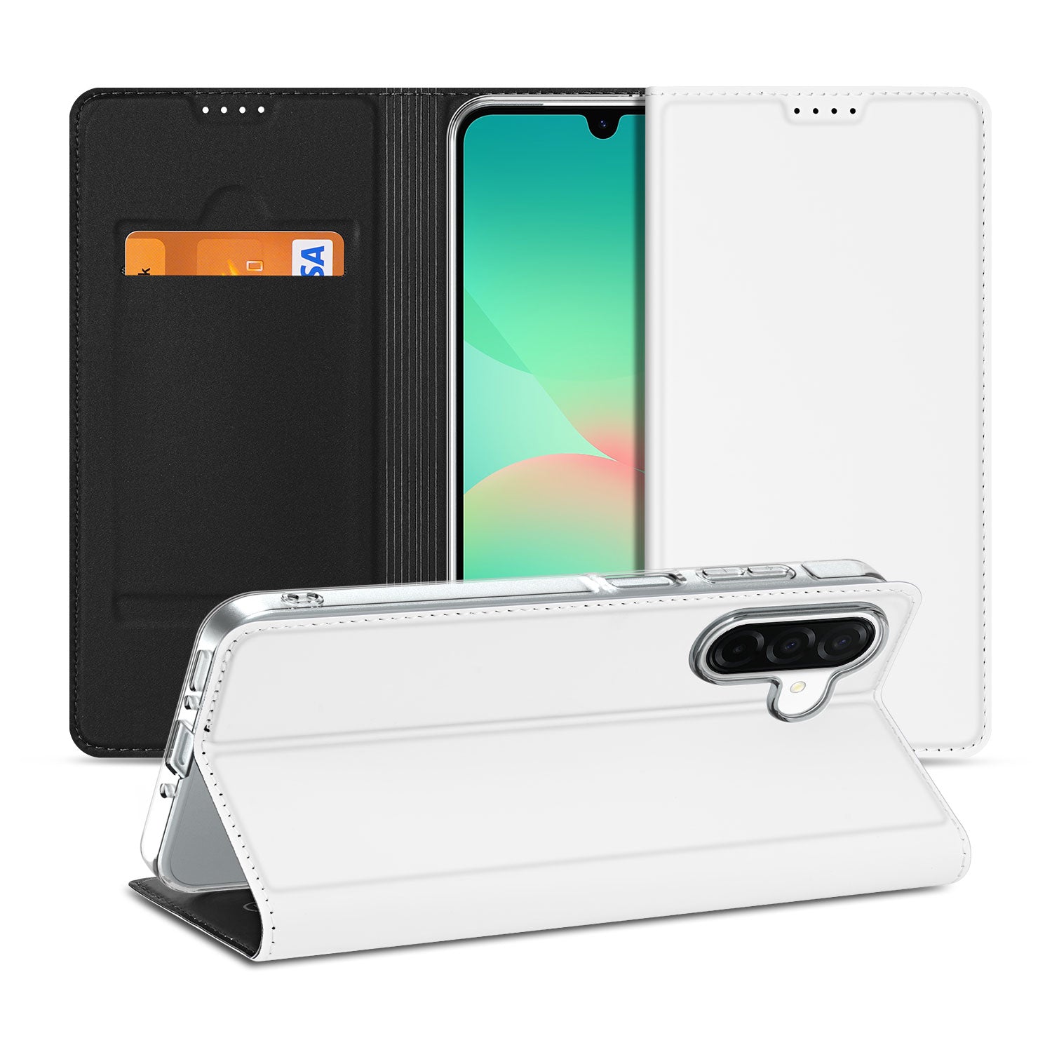 Samsung Galaxy A26 Stand Case Hoesje Wit met Pashouder voorzijde achterzijde