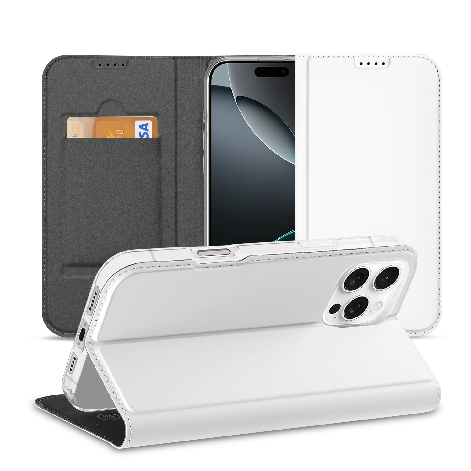 Stand Case Hoesje iPhone 16 Pro Max Wit met Pashouder design naam voorkant