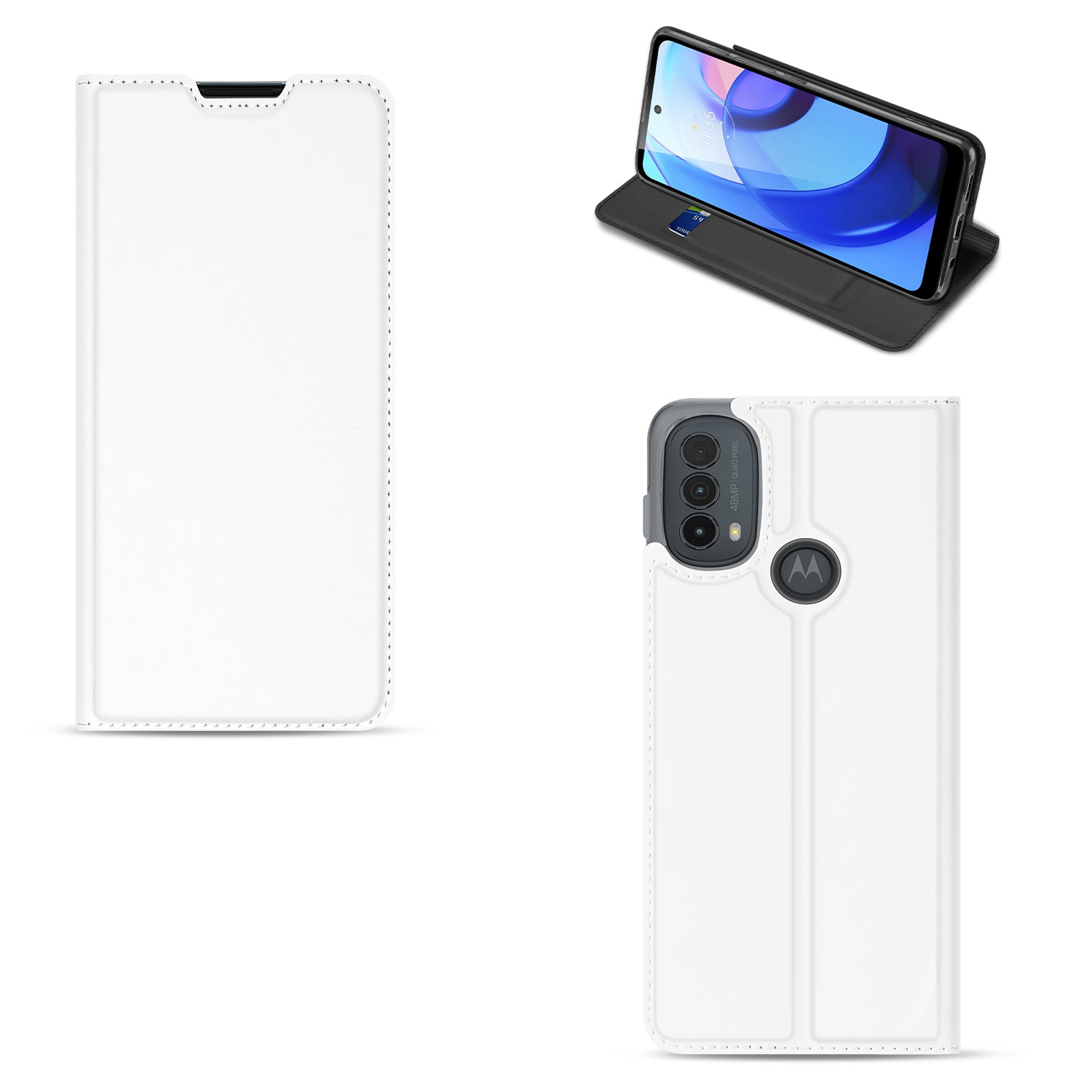 Motorola Moto E20 Stand Case Telefoon Hoesje Wit met Pashouder voorkant achterkant aanzicht