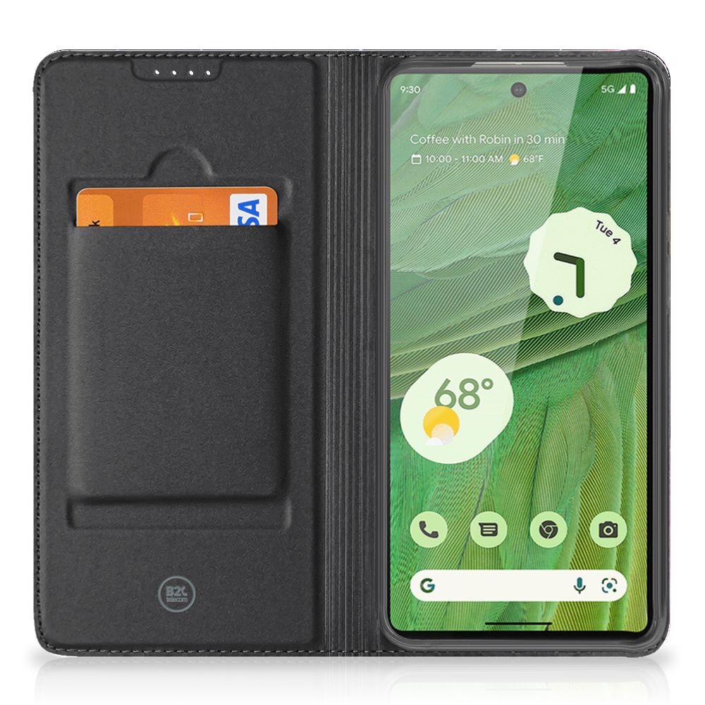 Google Pixel 7 Stand Case Galaxy ontwerp zwart voorzijde met pasje