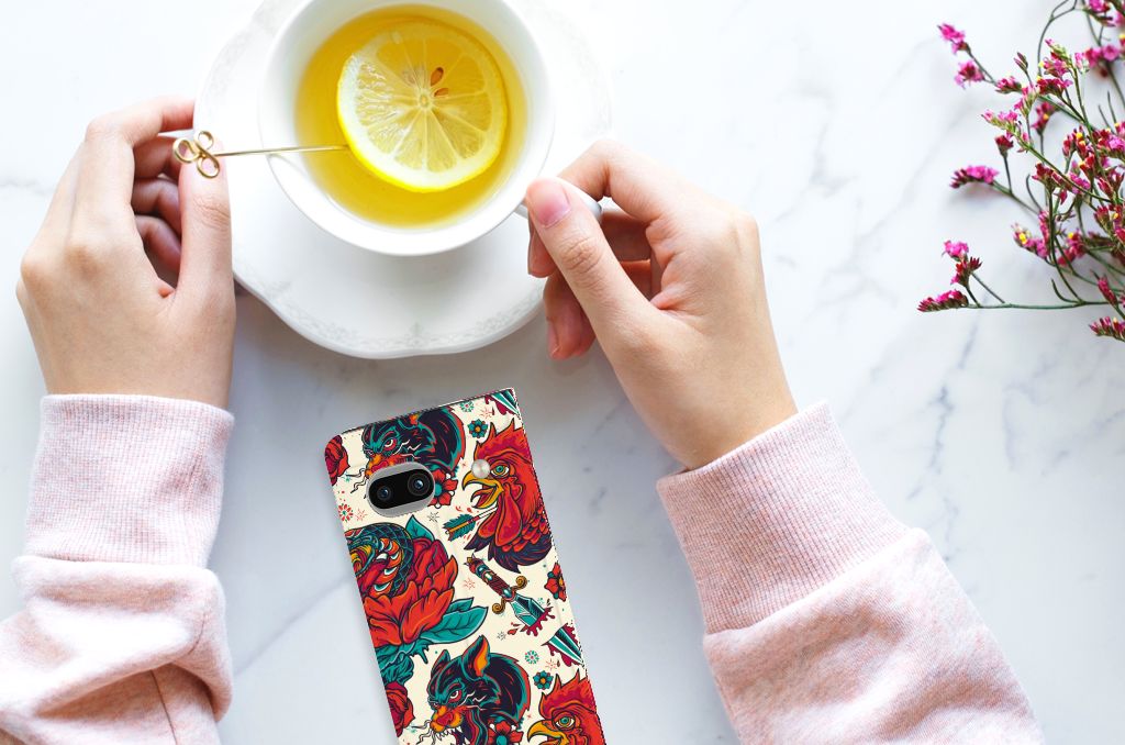 Google Pixel 7A Stand Case voor Google Pixel 7A Old Skool vintage design bloemdecoratie