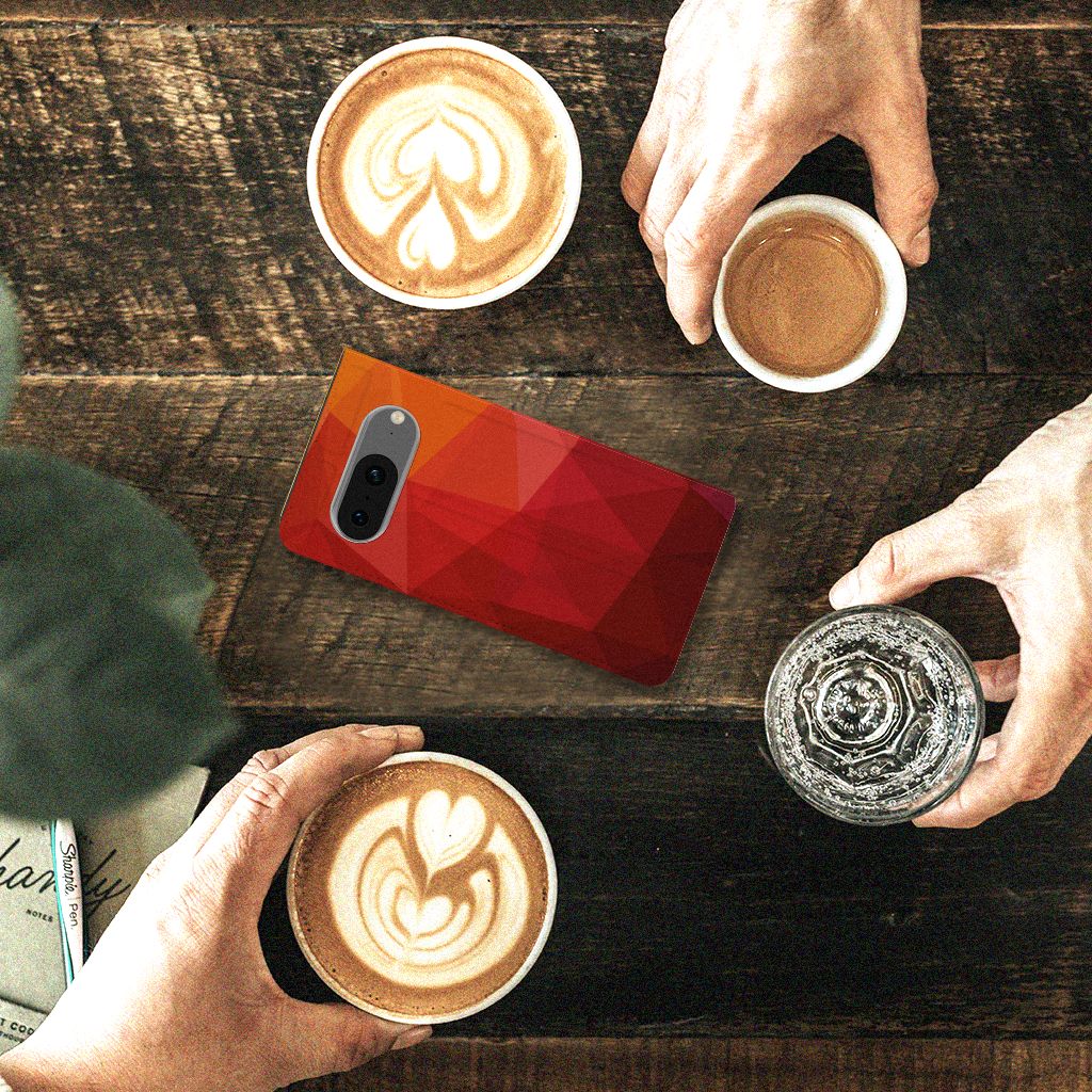 Google Pixel 8 Stand Case voor Google Pixel 8 Polygon Red abstract design bovenaanzicht