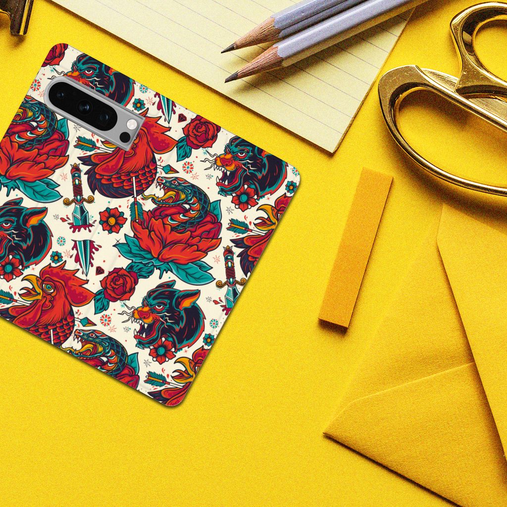 Stand Case voor Google Pixel 8 Pro Old Skool vintage design tattoo bloemen aanzicht