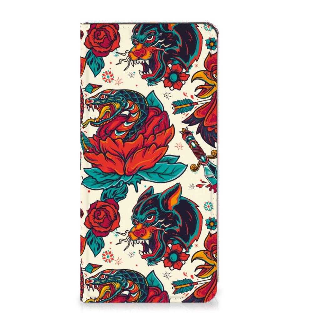 Google Pixel 8A Stand Case voor Google Pixel 8A Old Skool tattoo bloemen design voorkant