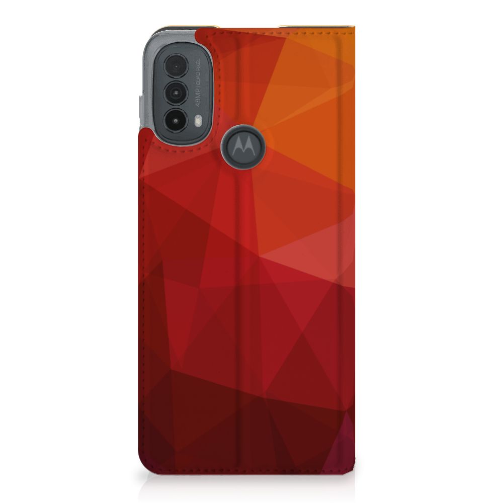 Motorola Moto E20 Stand Case Polygon Red achterkant kleuren abstract