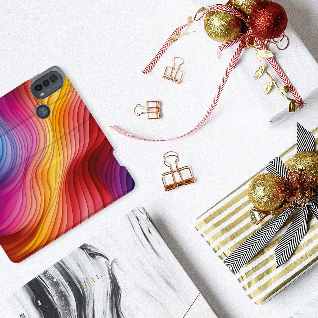 Motorola Moto E20 Stand Case Regenboog kleurrijk design bovenaanzicht
