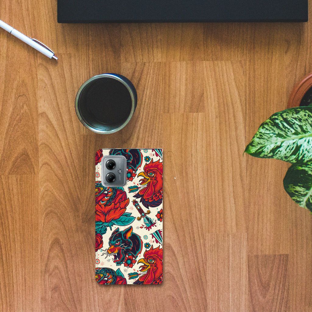 Motorola Moto G14 Stand Case voor Motorola Moto G14 Old Skool tattoo ontwerp bovenaanzicht