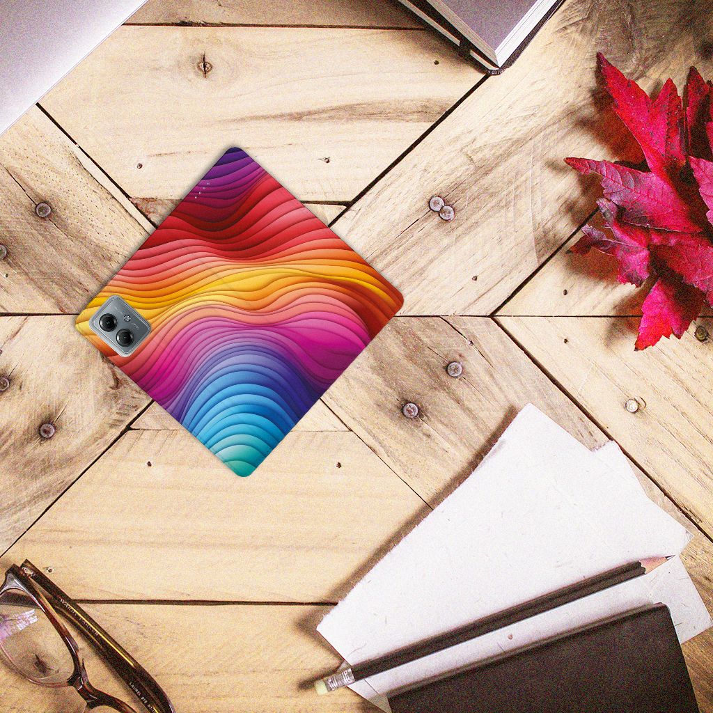 Motorola Moto G14 Stand Case Regenboog kleurrijk ontwerp bovenansicht