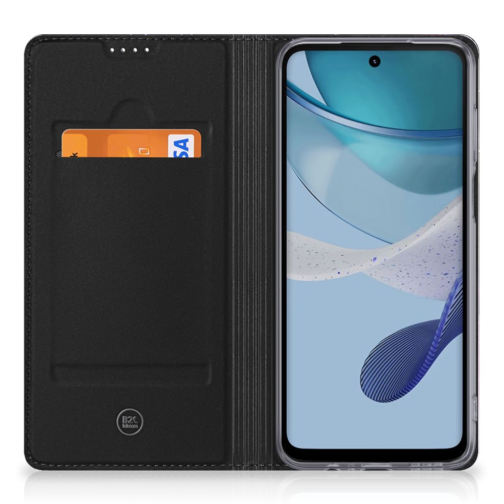 Motorola Moto G53 Stand Case Galaxy ontwerp zwart aanzicht met pasjeshouder