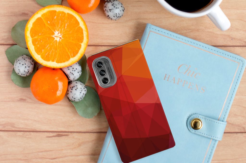 Motorola Moto G62 5G Stand Case Polygon Red bovenkant fruit en notitieboek