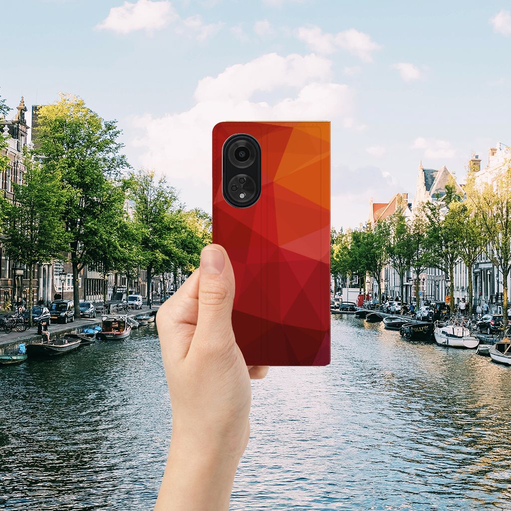 OPPO A98 5G Stand Case Polygon Red hand houden stadsgezicht water