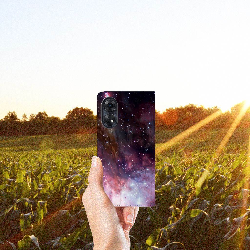 Stand Case voor OPPO Reno8 T 4G Galaxy heelal design hand voor zonnebloem veld