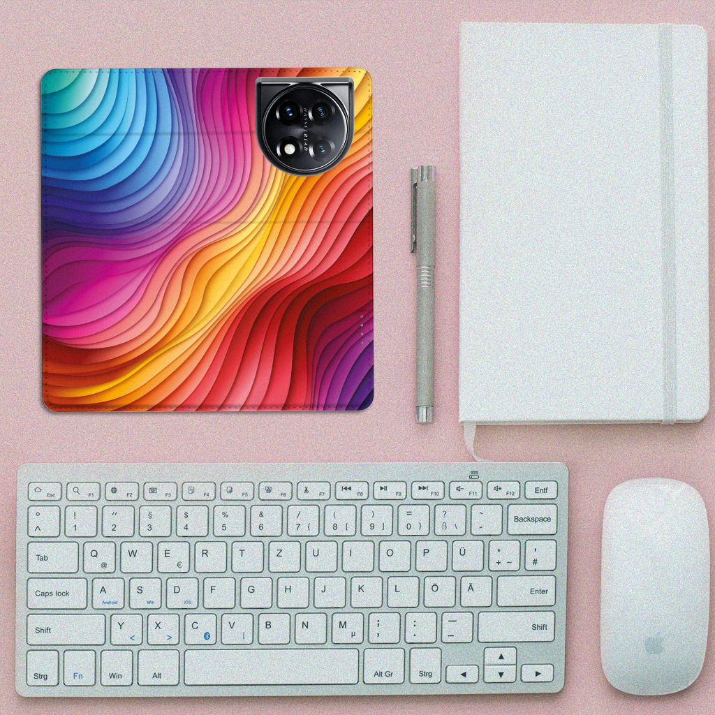 OnePlus 11 Stand Case voor OnePlus 11 Regenboog kleurrijk ontwerp bovenaanzicht