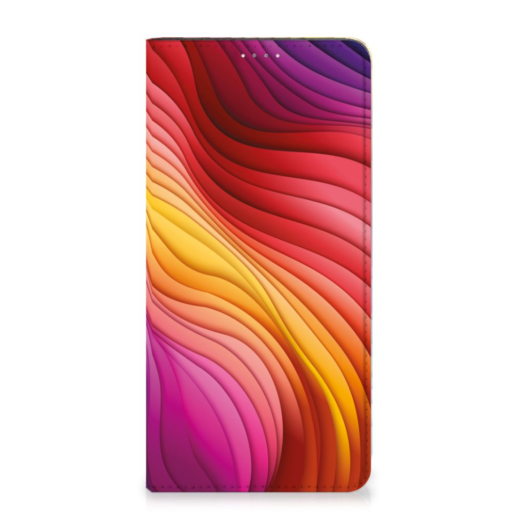Stand Case voor Samsung Galaxy A14 4G Regenboog met kleurrijk golfontwerp in rood, geel en paars.
