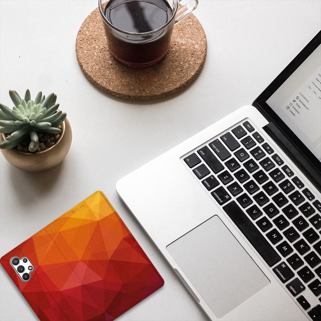 Samsung Galaxy A32 4G | A32 5G Enterprise Editie Stand Case Polygon Red bovenaanzicht laptop koffieplant