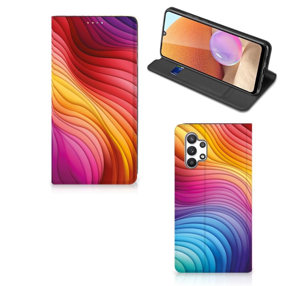 Stand Case voor Samsung Galaxy A32 4G | A32 5G Enterprise Editie Regenboog met kleurrijke golfpatronen uit meerdere kleuren 🌈.