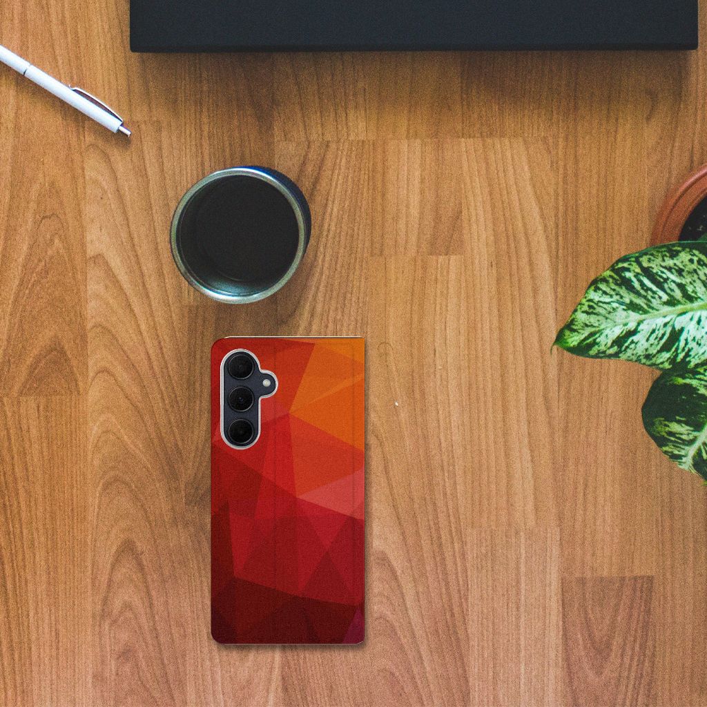 Samsung Galaxy A35 Stand Case Polygon Red ontwerp bovenaanzicht