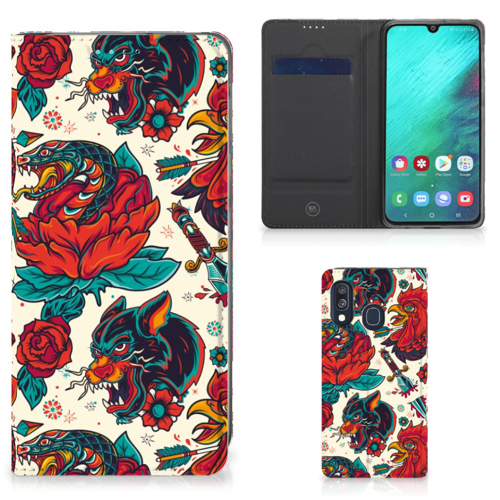 Samsung Galaxy A40 Stand Case voor Samsung Galaxy A40 Old Skool tattoo design voorzijde binnenzijde