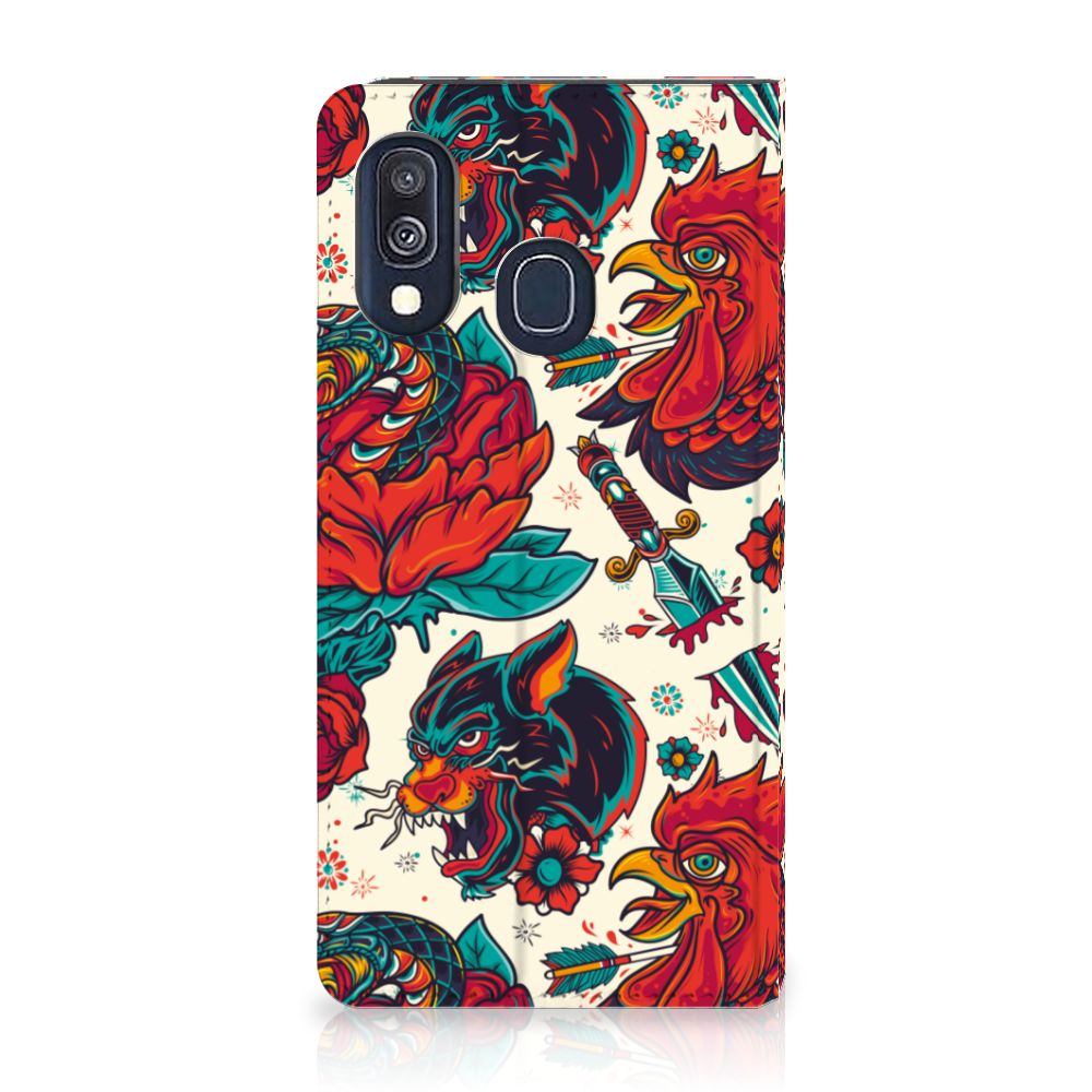 Samsung Galaxy A40 Stand Case Old Skool tattoo design floral colorful