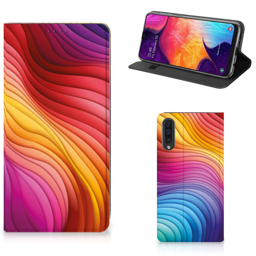 Samsung Galaxy A50 Stand Case voor Samsung Galaxy A50 Regenboog voorkant achterkant aanzicht