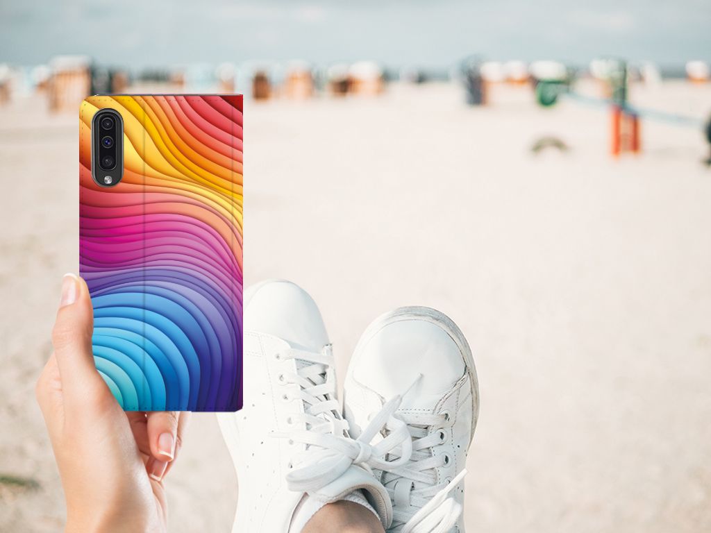 Samsung Galaxy A50 Stand Case Regenboog design kleurrijk aanzicht