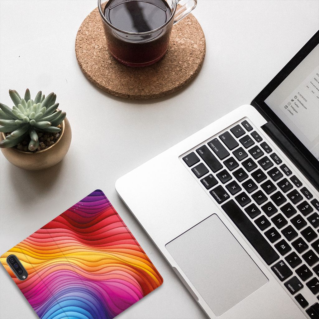 Stand Case voor Samsung Galaxy A50 Regenboog design kleurrijke golven aanzicht