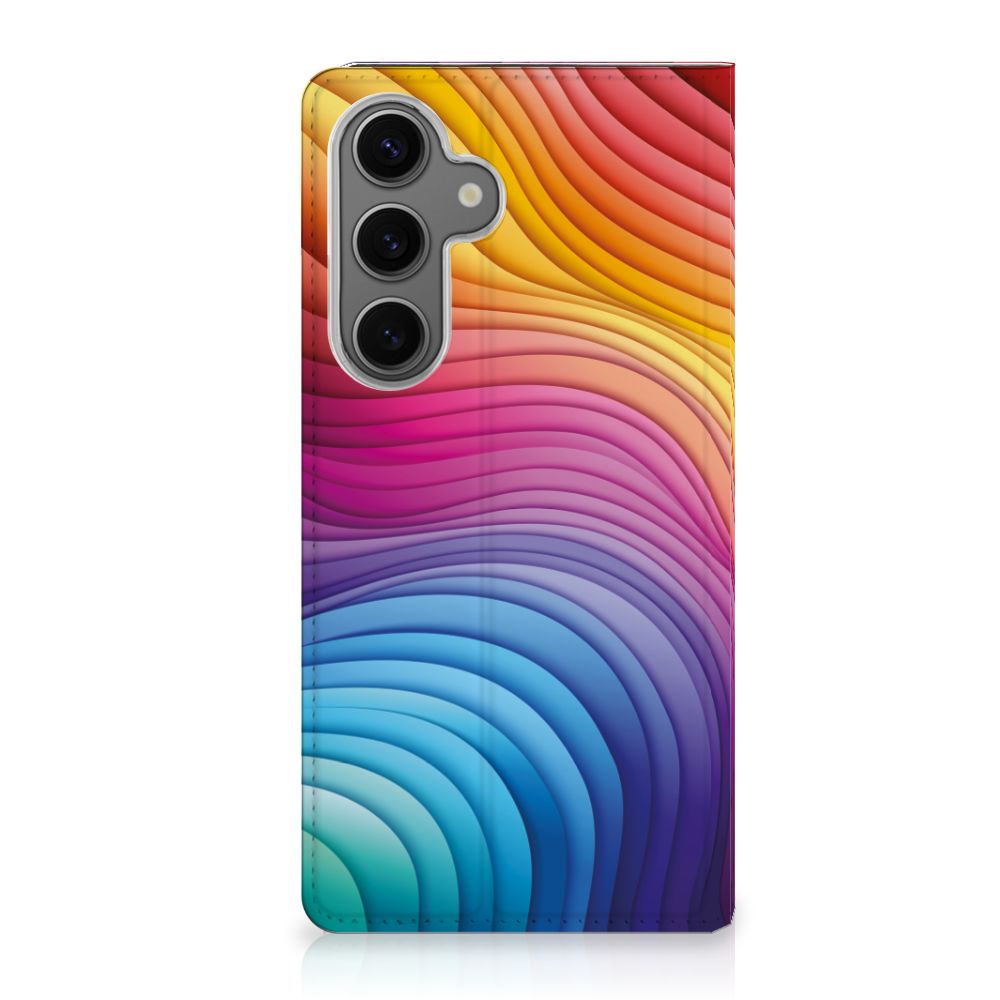 Samsung Galaxy S24FE Stand Case Regenboog voorkant kleurrijk golfpatroon