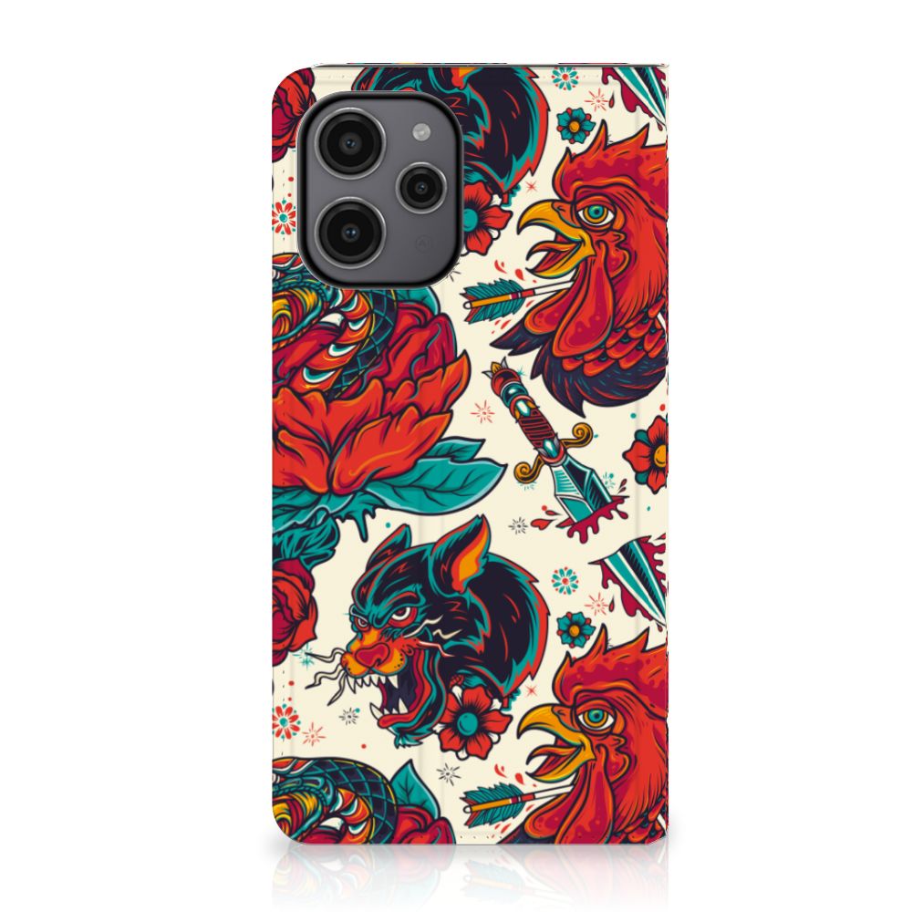 Stand Case voor Xiaomi Redmi 12 4G Old Skool met vintage tattoo design en kleurrijke dieren.