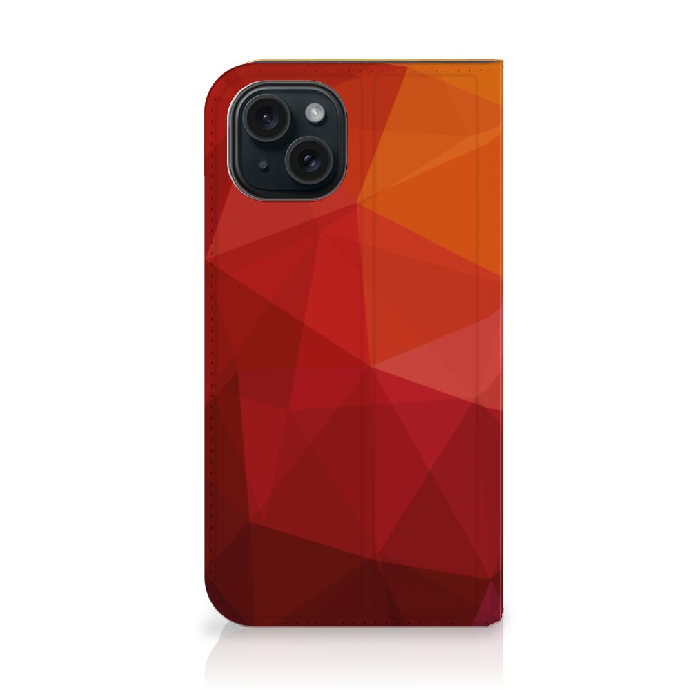Stand Case voor iPhone 15 Polygon Red met abstracte vormen in roodtinten. Perfecte bescherming en stijl!
