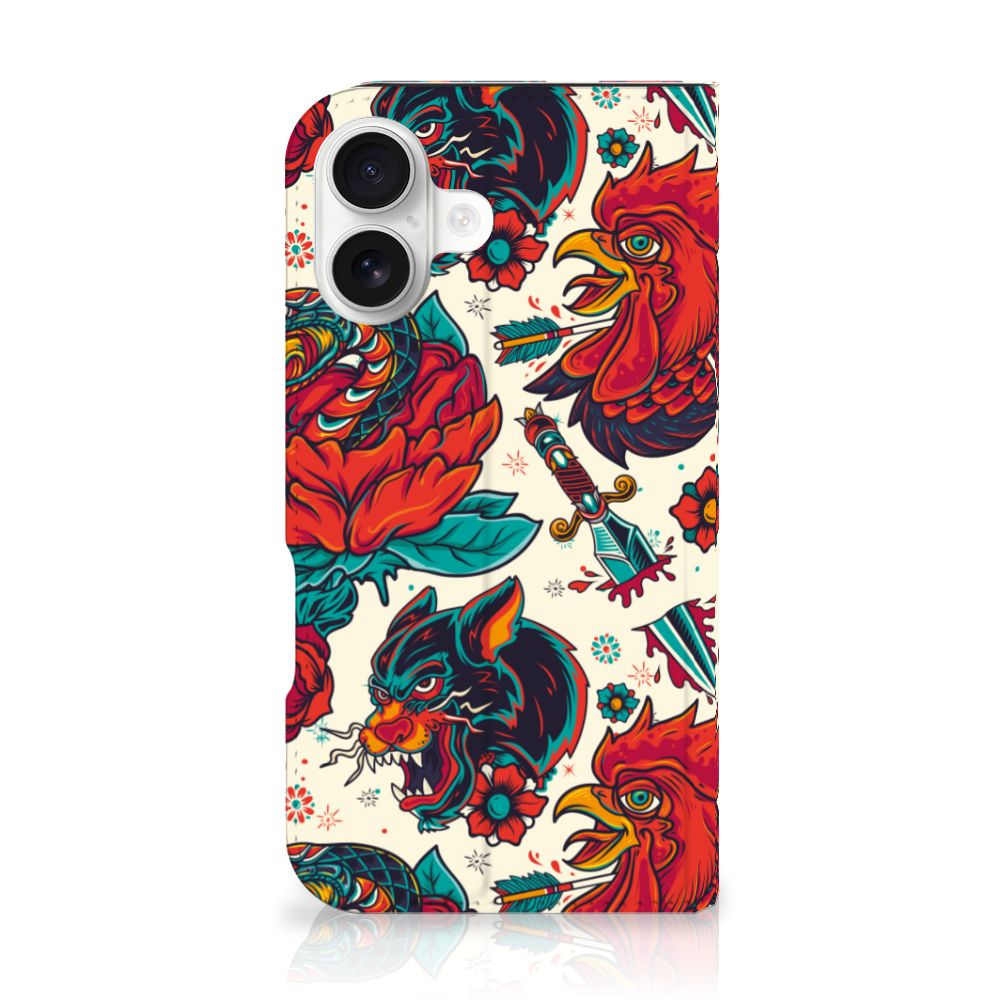 Stand Case voor iPhone 16 Old Skool vintage tatoeage design achteraanzicht