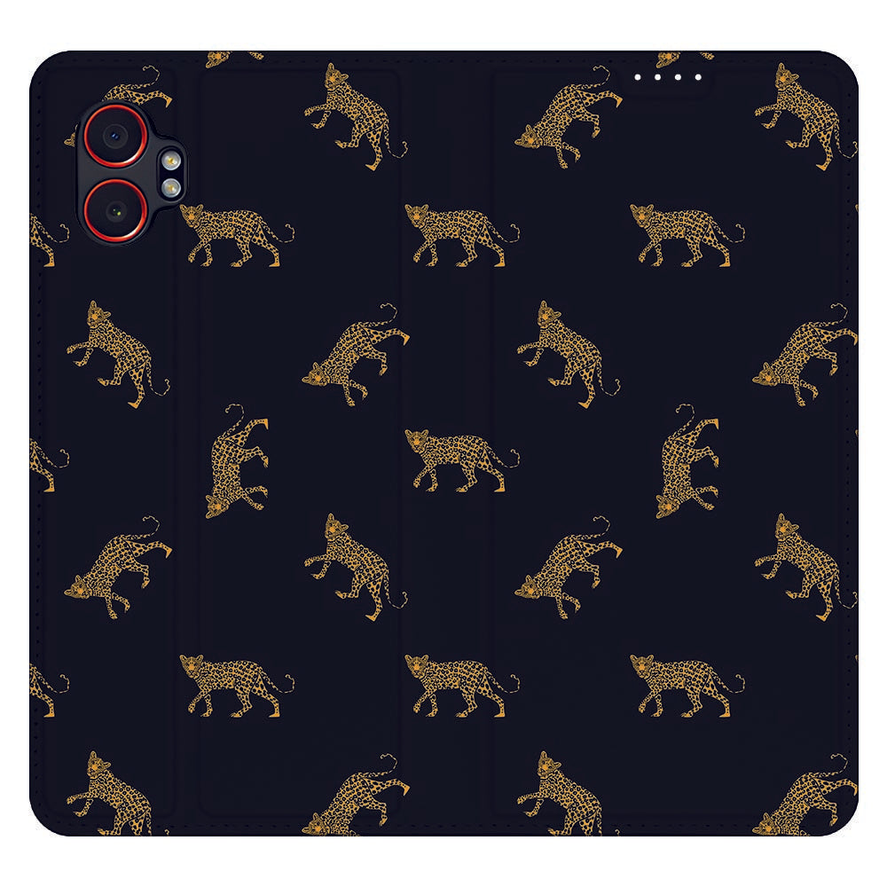 Standcase Hoesje Samsung Galaxy Xcover 7 Pro Leopards detail overzicht met leeuwenkoppen.