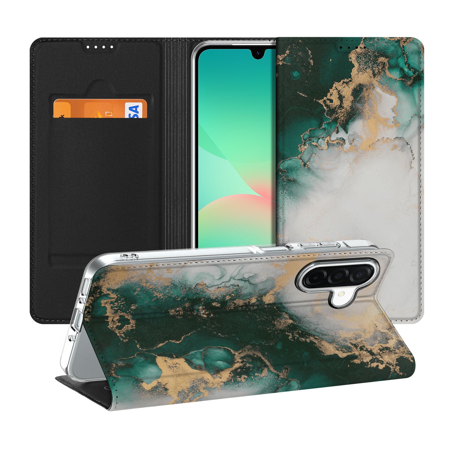Samsung Galaxy A26 Standcase Marmer Groen voorzijde en achterkant