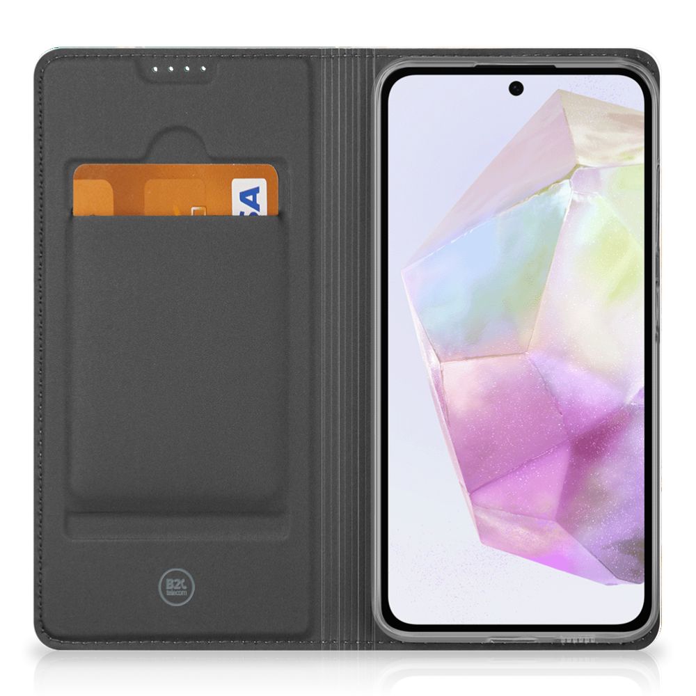 Standcase voor Samsung Galaxy A35 Marmer Groen met pasjeshouder, stijlvol en duurzaam ontwerp voor optimale bescherming.