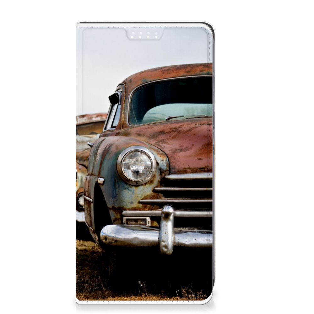 Standcase voor Samsung Galaxy S24 Plus Marmer Groen met vintage auto design, perfect als cadeau voor bescherming.