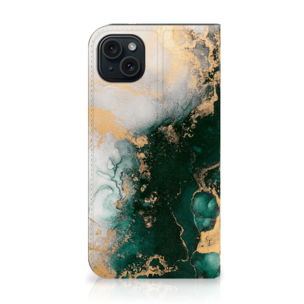 Standcase voor iPhone 15 Plus Marmer Groen met goud en groene marmerdesign, perfect voor stijl en bescherming.